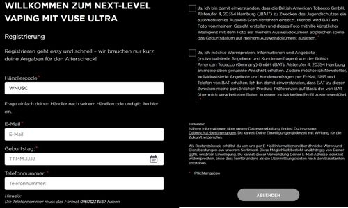 Übersicht der Vuse Aktion Web Site