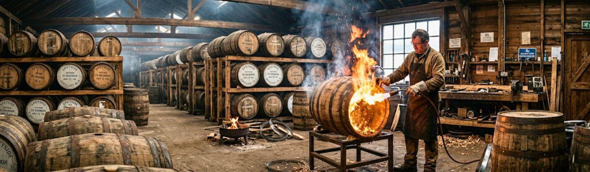 Eine Person beim ausbrennen von einem Fass in einem Whiskylager Eine Person beim ausbrennen von einem Fass in einem Whiskylager
