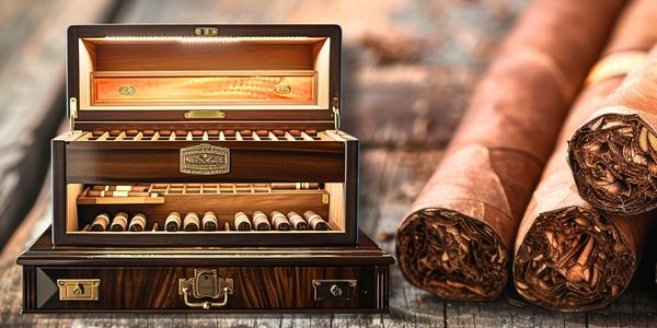 Zigarren richtig lagern - Humidor mit Zigarren auf Holz-Hintergrund