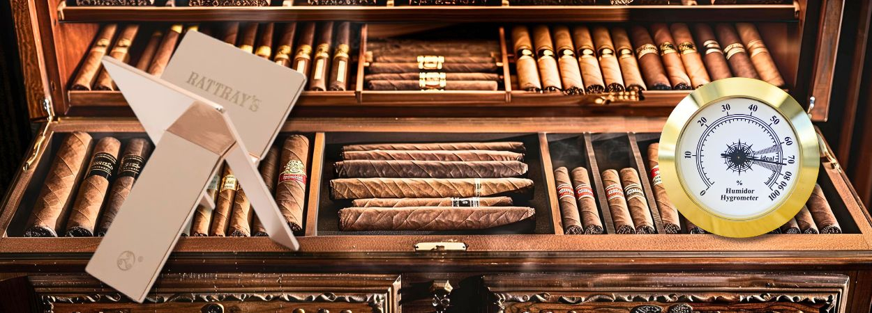 Zigarren im Humidor mit Hygrometer und Zigarrenbank
