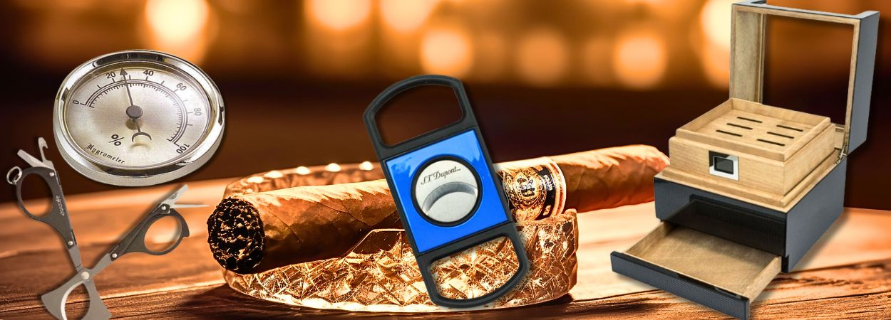 Zigarre im Aschenbecher, Humidor und Zubehör