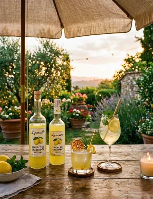 Zitronenlikör und Cocktails auf einem Tisch mit Blick zum Garten Zitronenlikör und Cocktails auf einem Tisch mit Blick zum Garten